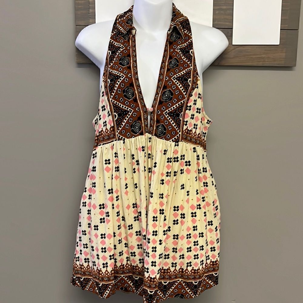 Free People Sleeveless Collared Boho Flowy Key Hole Tank V-Neck Tunic- Medium